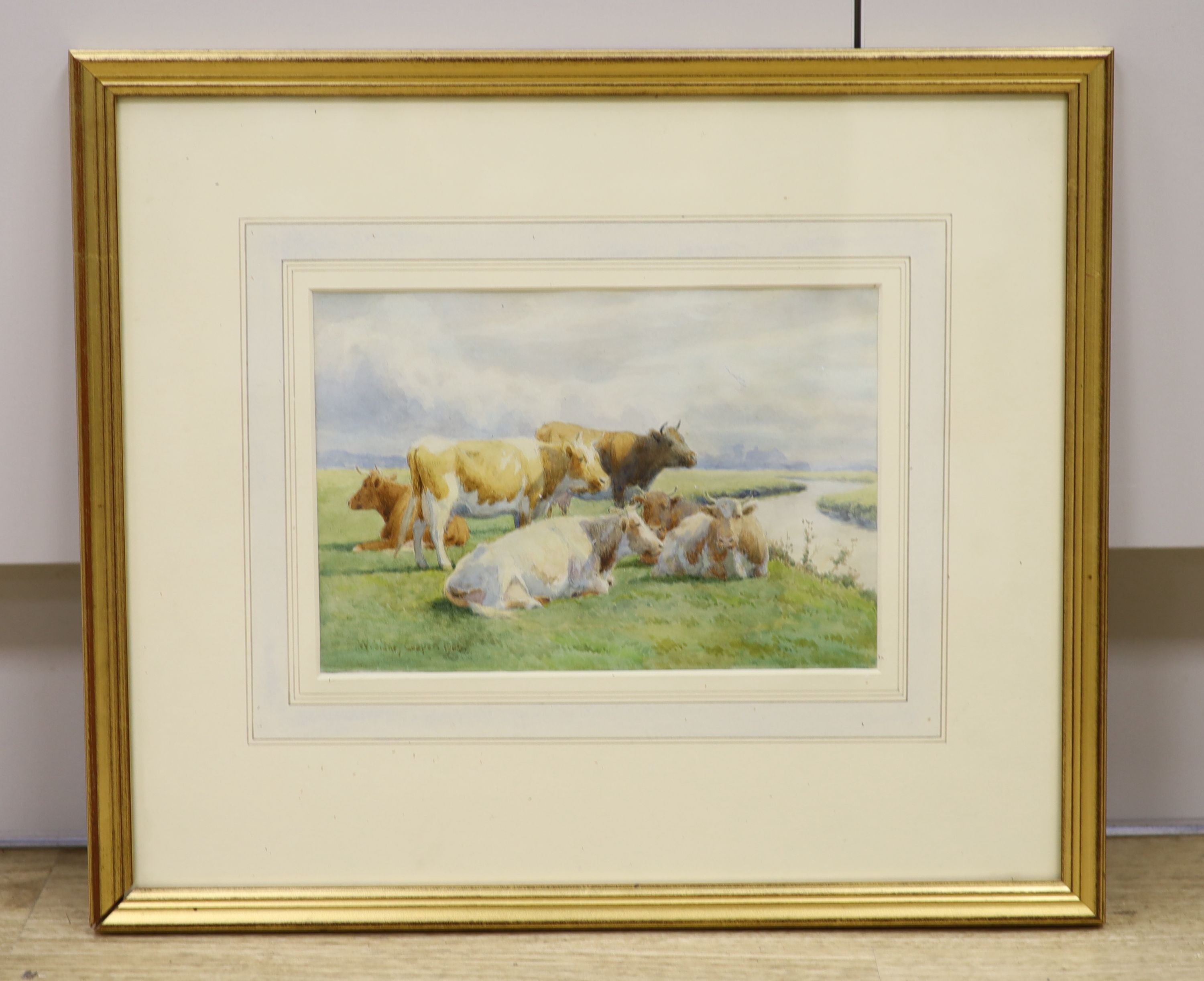 William Sydney Cooper (1854-1927), watercolour, Cattle beside a river, signed, 16 x 24cm